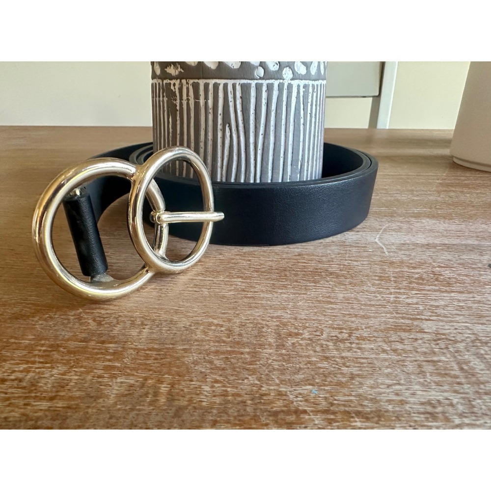 Womens Black Faux Leather Belt Gold Double O-Ring Circle Buckle Accessory‎ Large